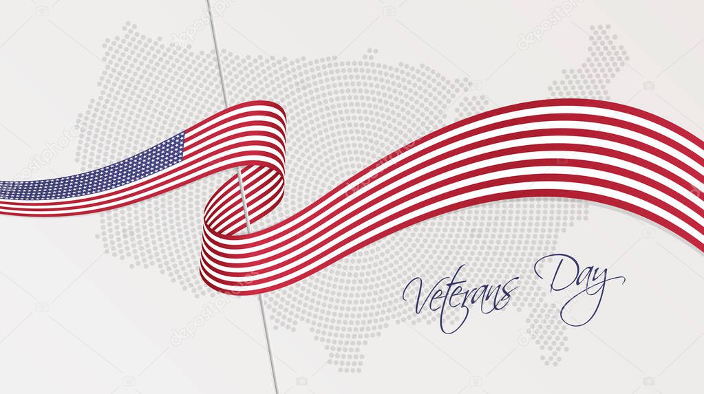 Vector illustration of abstract radial dotted halftone map of USA and wavy ribbon with the United States of America national flag colors for your graphic and web design
