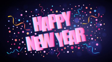 Grafik ve web tasarım için koyu mor arka plan üzerinde renkli yuvarlak konfeti ile yazı örtüşen Yeni Yılınız kutlu olsun