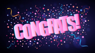 Tebrikler, grafik ve web tasarımı için koyu mor arka plan üzerinde renkli yuvarlak konfeti ile şenlikli yazı örtüşen