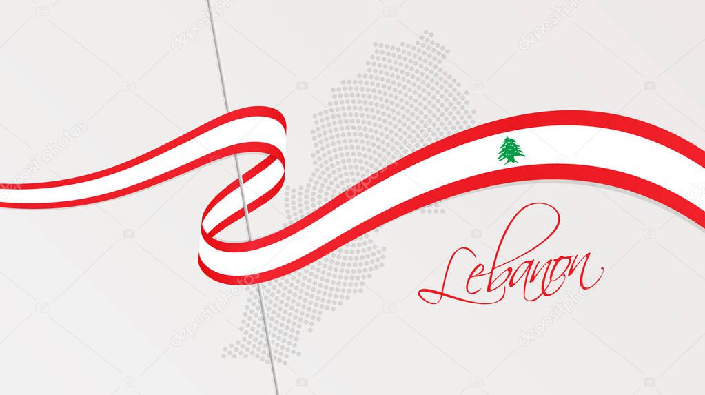 Vector illustration of abstract radial dotted halftone map of Lebanon and wavy ribbon with Lebanese national flag colors for your graphic and web design