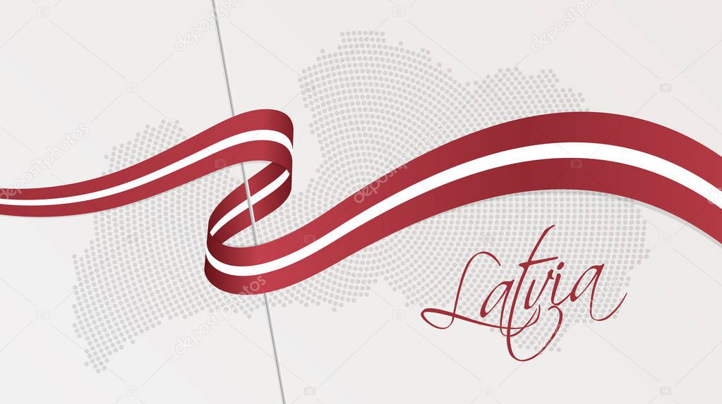Vector illustration of abstract radial dotted halftone map of Latvia and wavy ribbon with Latvian national flag colors for your graphic and web design