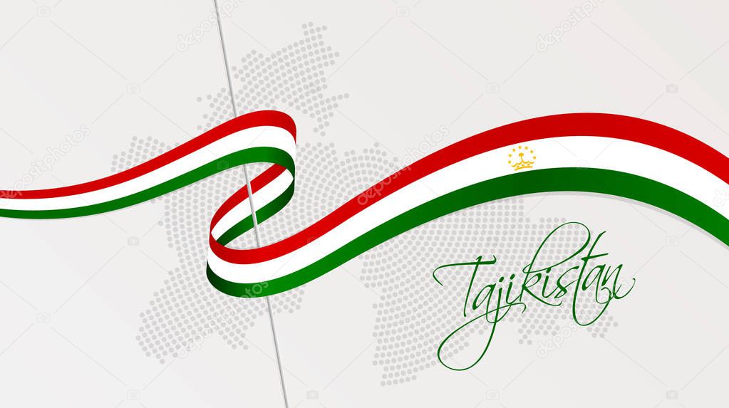 Vector illustration of abstract radial dotted halftone map of Tajikistan and wavy ribbon with Tajikistan's national flag colors for your graphic and web design