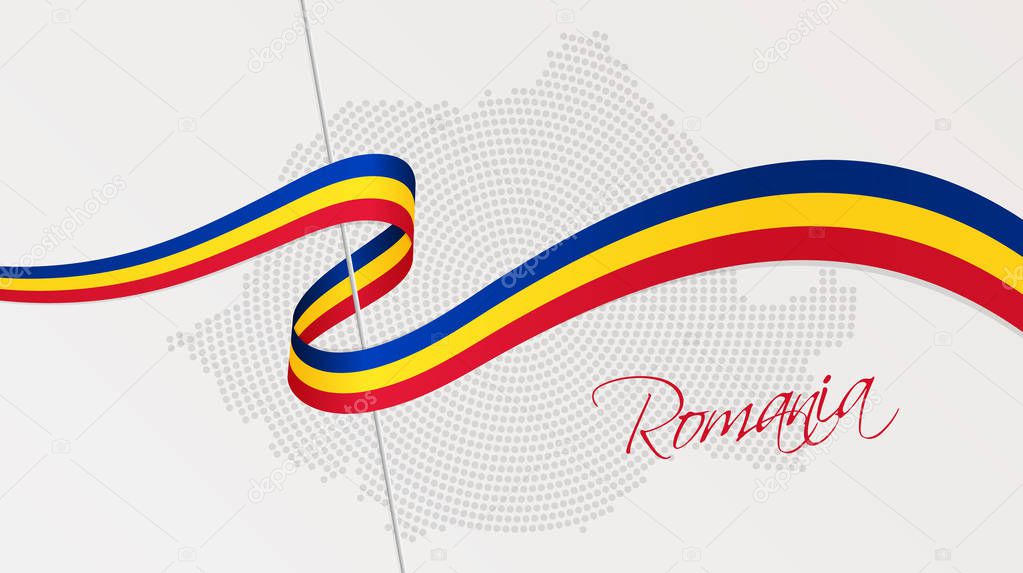 Vector illustration of abstract radial dotted halftone map of Romania and wavy ribbon with Romanian national flag colors for your graphic and web design