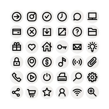 Vektör grafik ve web tasarım için beyaz arka plan üzerinde kalın siyah düz çizgi simgeler kümesi