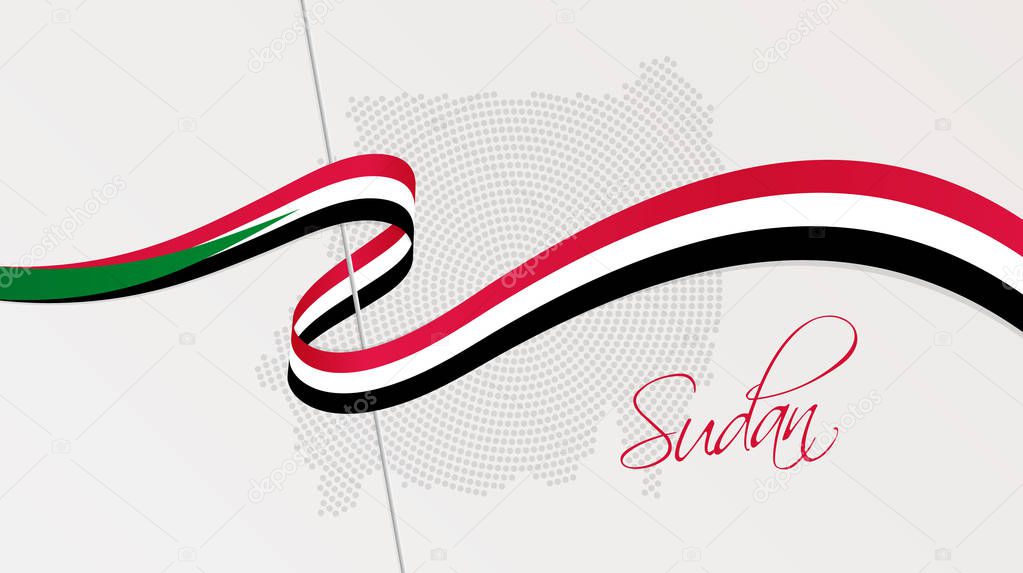 Vector illustration of abstract radial dotted halftone map of Sudan and wavy ribbon with Sudanese national flag colors for your graphic and web design