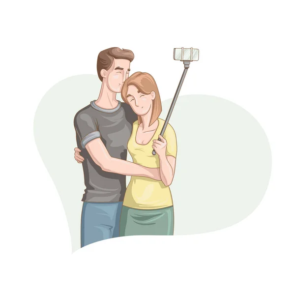 幸せなバレンタインデー 漫画のベクトル イラスト スタイルの美しい愛情のあるカップルの笑顔や あなたの設計のための Selfie を作る — ストックベクタ