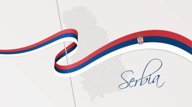 Vector illustration of abstract radial dotted halftone map of Serbia and wavy ribbon with Serbian national flag colors for your graphic and web design clipart
