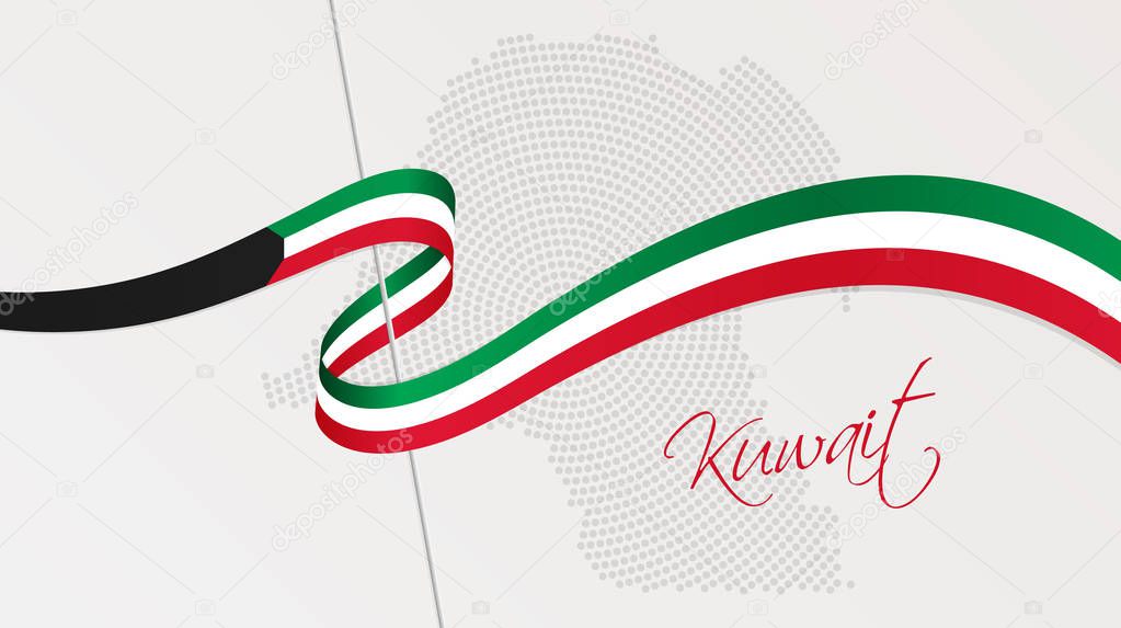 Vector illustration of abstract radial dotted halftone map of Kuwait and wavy ribbon with Kuwaiti national flag colors for your graphic and web design
