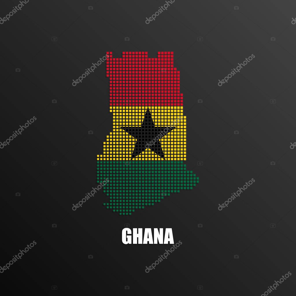 Vector illustration of abstract halftone map of Ghana made of square pixels with Ghanaian national flag colors for your graphic and web design