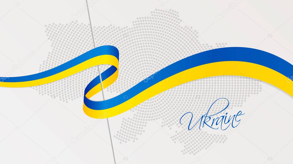 Wavy national flag and radial dotted halftone map of Ukraine