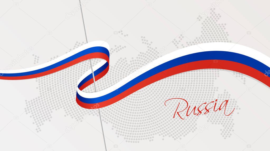 Wavy national flag and radial dotted halftone map of Russia