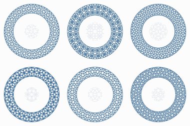 Arap geometrik yuvarlak desenler ayarlandı. Sınırlar, çerçeveler. Tasarım projeleriniz için pürüzsüz desenli fırçalarla, yuvarlak İslami süsleme elementlerinin vektör çizimi