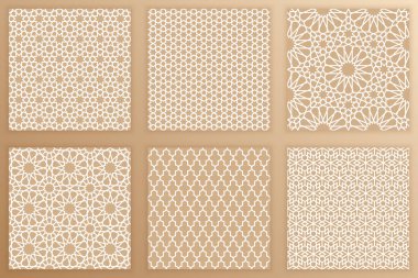 Arap geometrik kusursuz desenler ayarlandı. Arabesk geçmişi. Tasarım projeleriniz için isimlendirilebilir İslami sanat dokularının vektör çizimi