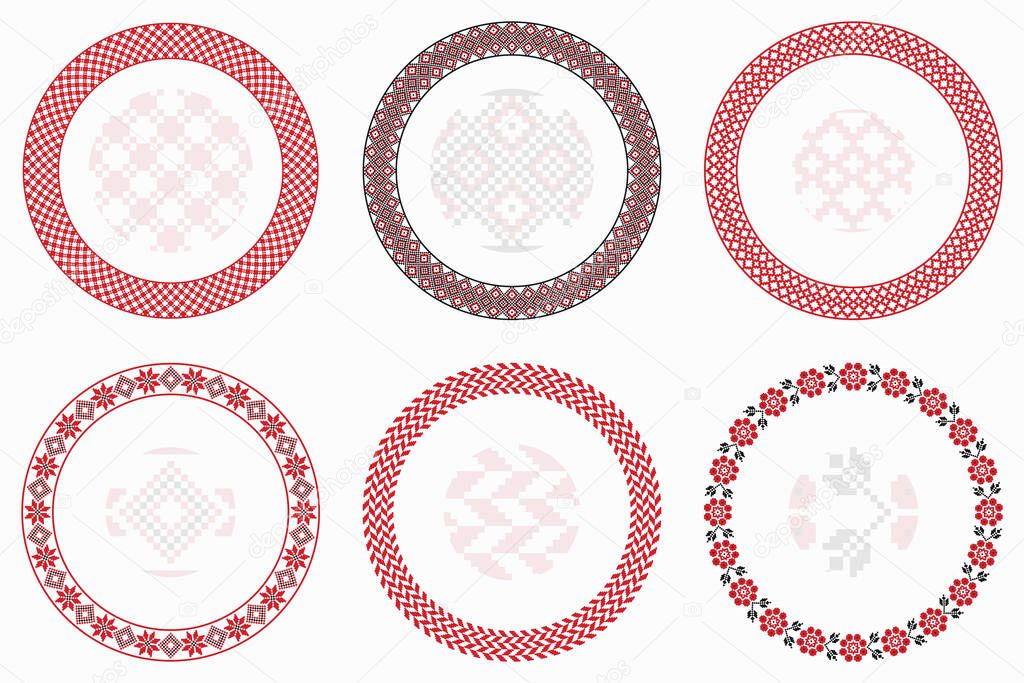 Slavic geometric round patterns set. Borders, frames. Vector illustration of round Slavic embroidery ornament elements with seamless pattern brushes for your design projects
