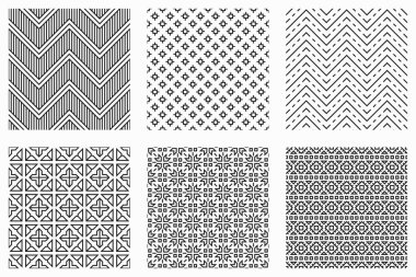 Vektörsüz kalıplar ayarlandı. Soyut etnik geometrik süs. Tekrarlanabilir arkaplanlar