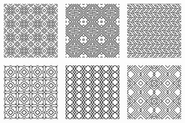 Vektörsüz kalıplar ayarlandı. Soyut etnik geometrik süs. Tekrarlanabilir arkaplanlar