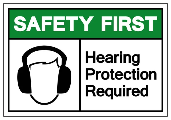安全第一聴覚保護必要なシンボル記号、ベクトルイラスト、白い背景ラベルに隔離します。エプス10 — ストックベクタ