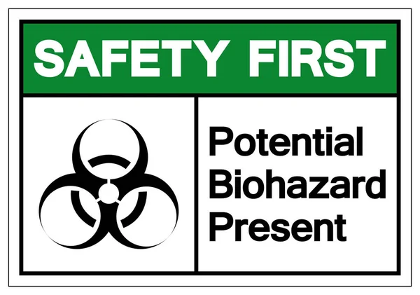 Biztonsági első potenciális Biohazard jelen szimbólum jele, Vector illusztráció, izolált fehér háttér Label. Eps10 — Stock Vector