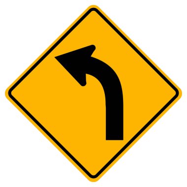 Kavisli Sol Trafik Yol İşareti, Vektör Çizimi, Beyaz Arka Plan,Semboller, Simge Üzerine İzole. Eps10  