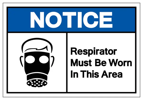 Note que el respirador debe ser usado en esta área Signo de símbolo, ilustración de vectores, aislamiento en la etiqueta de fondo blanco. EPS10 — Vector de stock