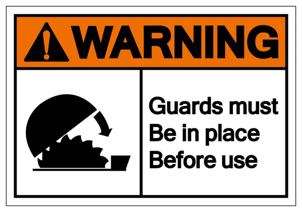 Los protectores de advertencia deben estar en su lugar antes de usar el signo de símbolo, la ilustración de vectores, el aislamiento en la etiqueta de fondo blanco. EPS10 — Vector de stock