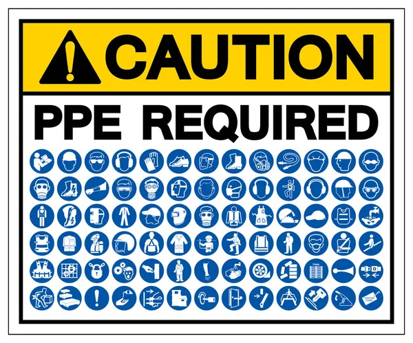Ostrożnie PPE wymagane symbol znak, wektor ilustracji, izolowane na białym tle Label. Eps10 — Wektor stockowy