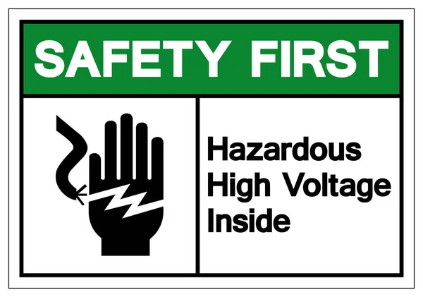 Biztonság első veszélyes magas feszültség belső rész jel, vektor illusztráció, izolál-ra fehér háttér felirat. Eps10 — Stock Vector