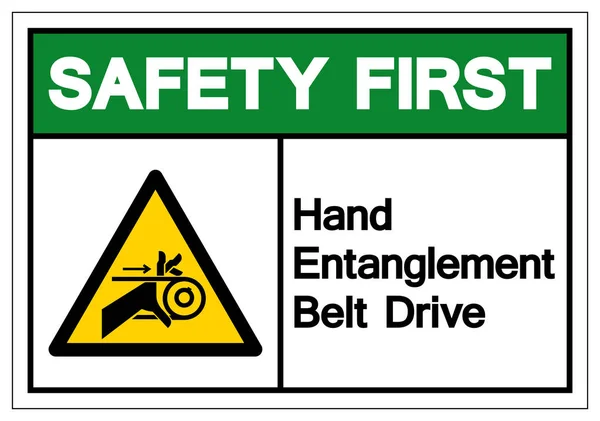 Bezpieczeństwo z pierwszej ręki uwikłanie pasa napęd symbol znak, wektor ilustracji, wyizolować na białym tle etykiety. Eps10 — Wektor stockowy