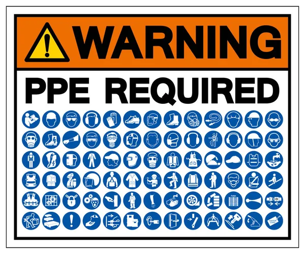 Ostrzeżenie PPE wymagane symbol znak, wektor ilustracji, wyizolować na białym tle etykiety. Eps10 — Wektor stockowy