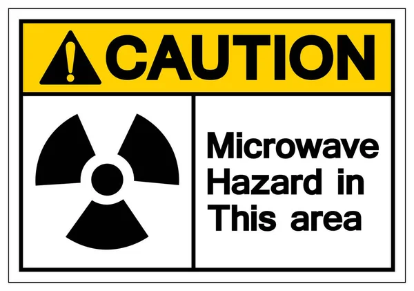 Uwaga kuchenka mikrofalowa niebezpieczeństwo w tym obszarze symbol znak, wektor ilustracji, wyizolować na białym tle etykiety. Eps10 — Wektor stockowy