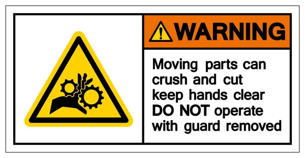 警告移动零件粉碎和切割保持手清晰符号符号，矢量插图，隔离在白色背景标签。Eps10 — 图库矢量图片