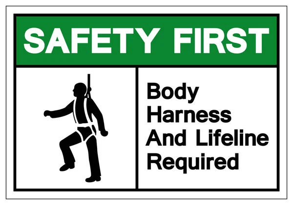Sicherheit erster Körpergurt und Rettungsleine erforderlich Symbol Zeichen, Vektorabbildung, isolieren auf weißem Hintergrund Etikett. eps10 — Stockvektor