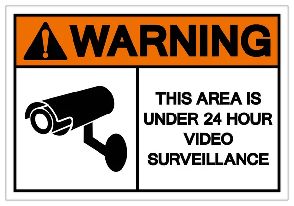 Uyarı Bu alan altında 24 saat video gözetim sembolü işareti, vektör illüstrasyon, beyaz arka plan etiketi üzerinde izole. Eps10 — Stok Vektör