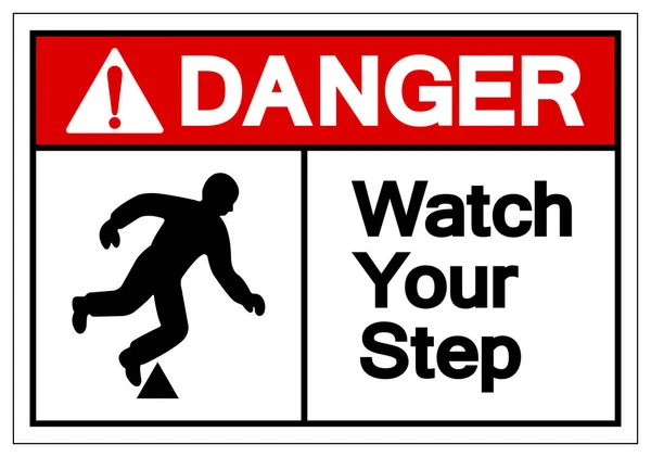 Perigo Assista seu sinal de símbolo de passo, ilustração vetorial, isolar no rótulo de fundo branco. EPS10 —  Vetores de Stock