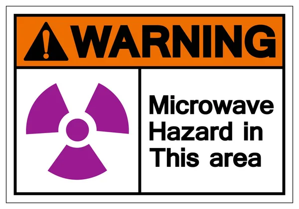 Ostrzeżenie kuchenka mikrofalowa niebezpieczeństwo w tym obszarze symbol znak, wektor ilustracji, wyizolować na białym tle etykiety. Eps10 — Wektor stockowy
