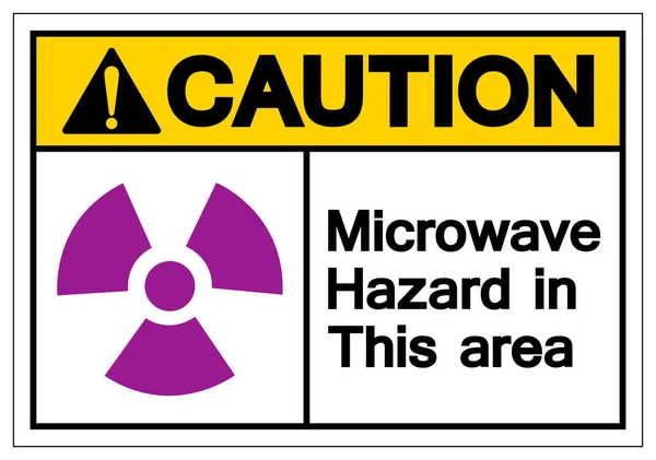 Uwaga kuchenka mikrofalowa niebezpieczeństwo w tym obszarze symbol znak, wektor ilustracji, wyizolować na białym tle etykiety. Eps10 — Wektor stockowy