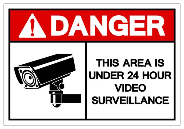 Pericolo questa zona è sotto 24 ore video sorveglianza simbolo segno — Vettoriale Stock
