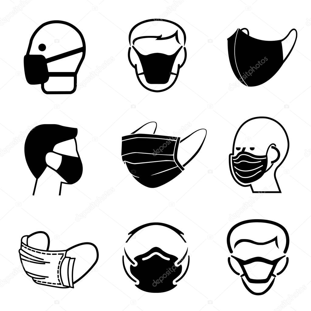 Set Of Face Mask Black Icon Symbol Sign,Vector Illustration, Isolated On White Background Label. EPS10