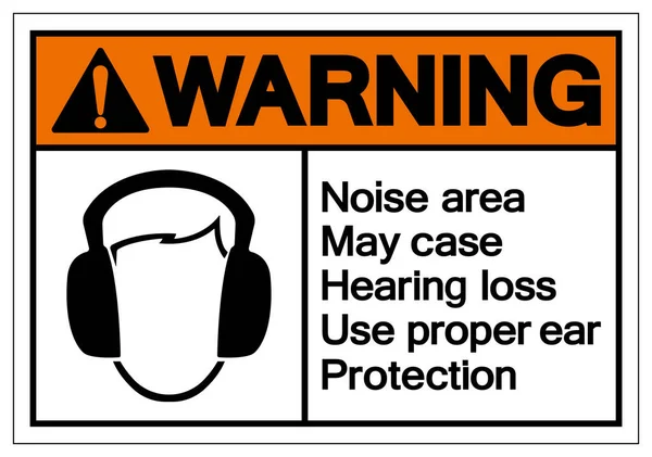 警告音エリア難聴ホワイトバックグラウンドラベルに適切な耳の保護シンボルサイン ベクトルイラスト アイソレーションを使用してください Eps10 — ストックベクタ