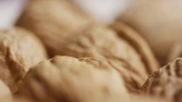 Rotating shot of walnuts in their shells on a white surface — Stock Video