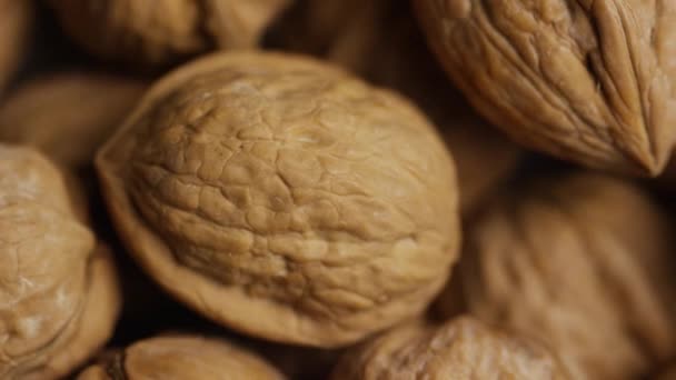 Rotating shot of walnuts in their shells on a white surface — Stock Video