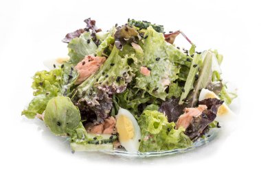 Somon ve istiridye sosu ile sebzeli salata. Asya öğle yemeği