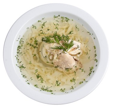 Erişte ile tavuk suyu. Beyaz arka planda