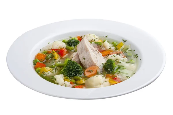 Zeleninová polévka s kuřetem. Na bílém pozadí — Stock fotografie