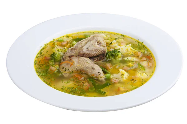 Sopa de verduras con pollo. Sobre un fondo blanco —  Fotos de Stock