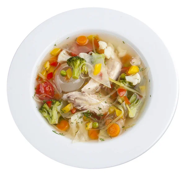 Sopa de verduras con pollo. Sobre un fondo blanco — Foto de Stock