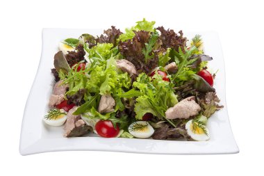 Beyaz plaka üzerinde tavuk göğsü ve sebzeli salata