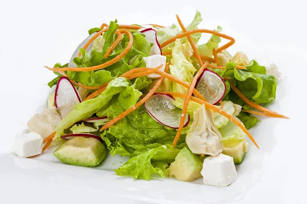 Salade de légumes avec radis et avocat sur une assiette blanche — Photo