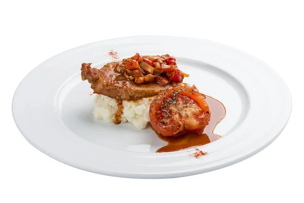 Chicken fillet in sweet and sour sauce with rice and vegetables. On a white background — Stock Photo, Image