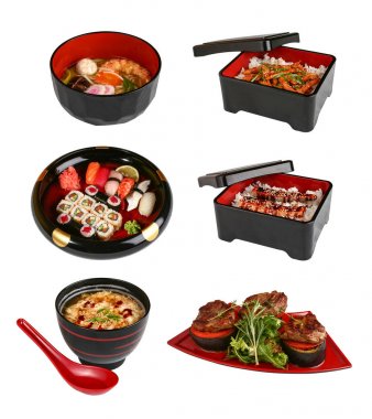 Geleneksel Japon yemekleri seti. Beyaz arka planda